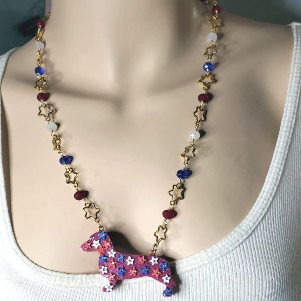 20" Dachshund necklace with a red, white & blue beaded chain & stars
